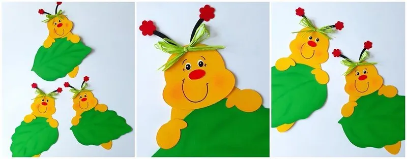 Sechs Raupen am Blatt aus Fotokarton