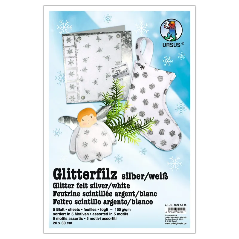 Glitter-Filz "silber" 20 x 30 cm weiß - 5 Blatt