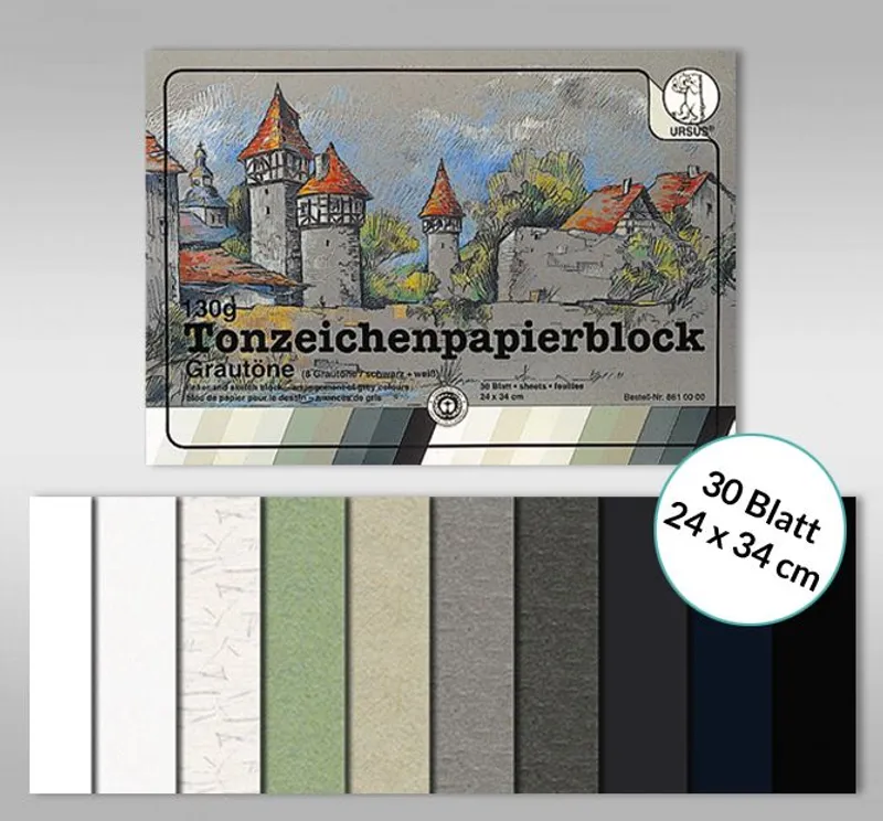 Tonzeichenpapierblock 130 g/qm 24 x 34 cm - 30 Blatt Grautöne