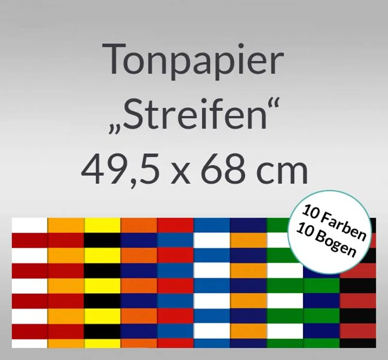 Streifen-Tonzeichenpapier 130 g/qm 49,5 x 68 cm - 10 Bogen sortiert