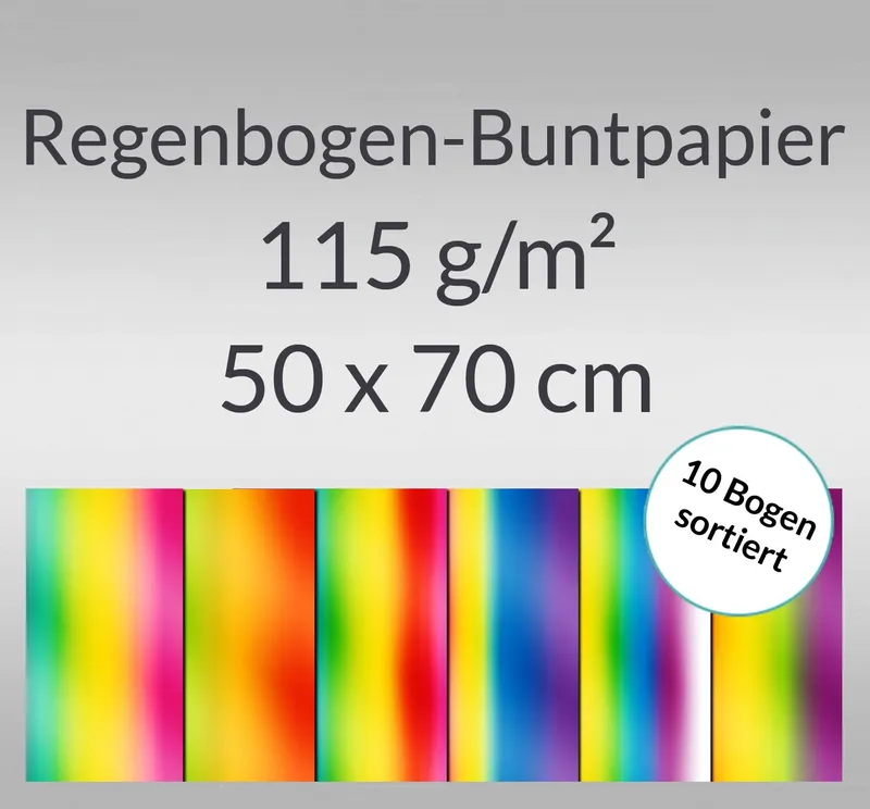 Regenbogen-Buntpapier 115 g/qm 50 x 70 cm - 10 Bogen sortiert