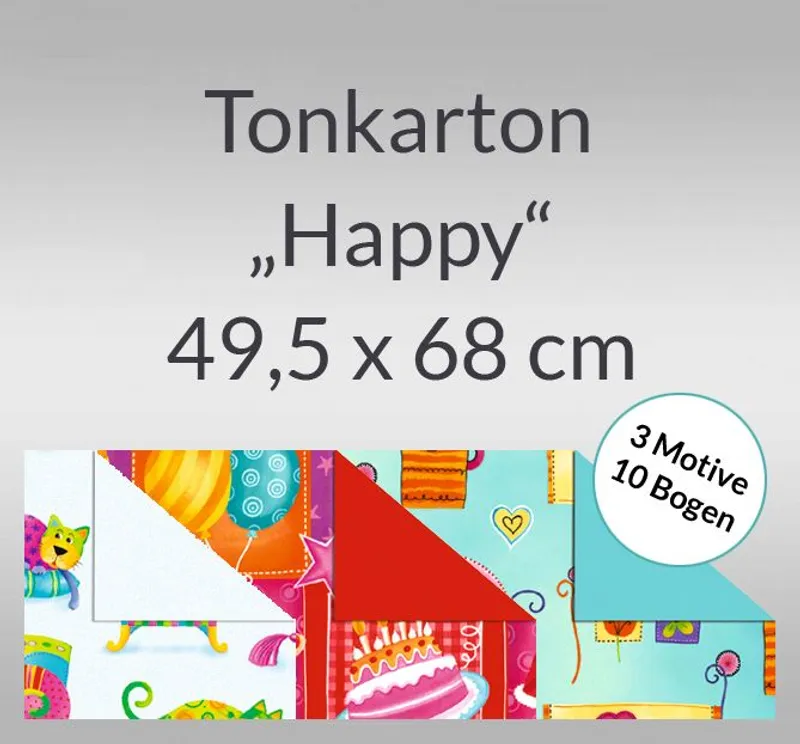 Tonkarton "Happy" 220 g/qm 49,5 x 68 cm - 10 Bogen sortiert