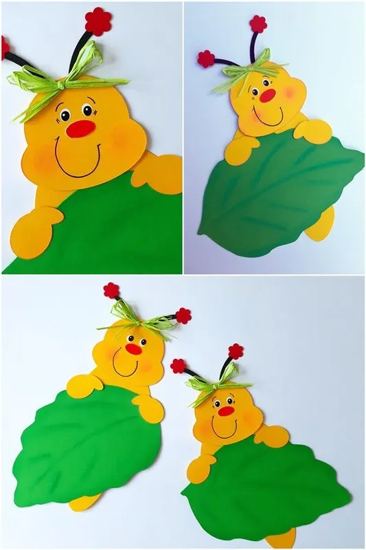 Vier Raupen am Blatt aus Fotokarton