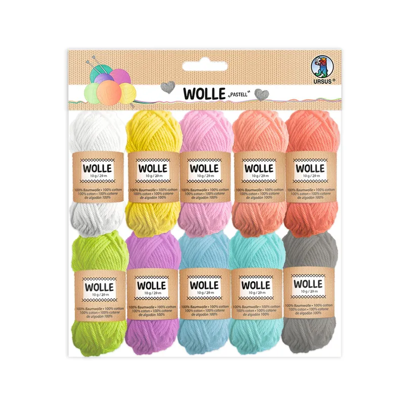 Wolle Pastell, aus 100% Baumwolle, Knäuel á 10 g / 29 m, in 10 Farben