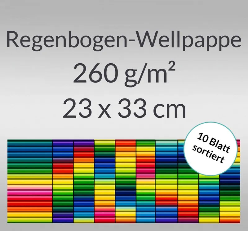 Regenbogen-Bastelwellpappe 260 g/qm 23 x 33 cm - 10 Blatt sortiert