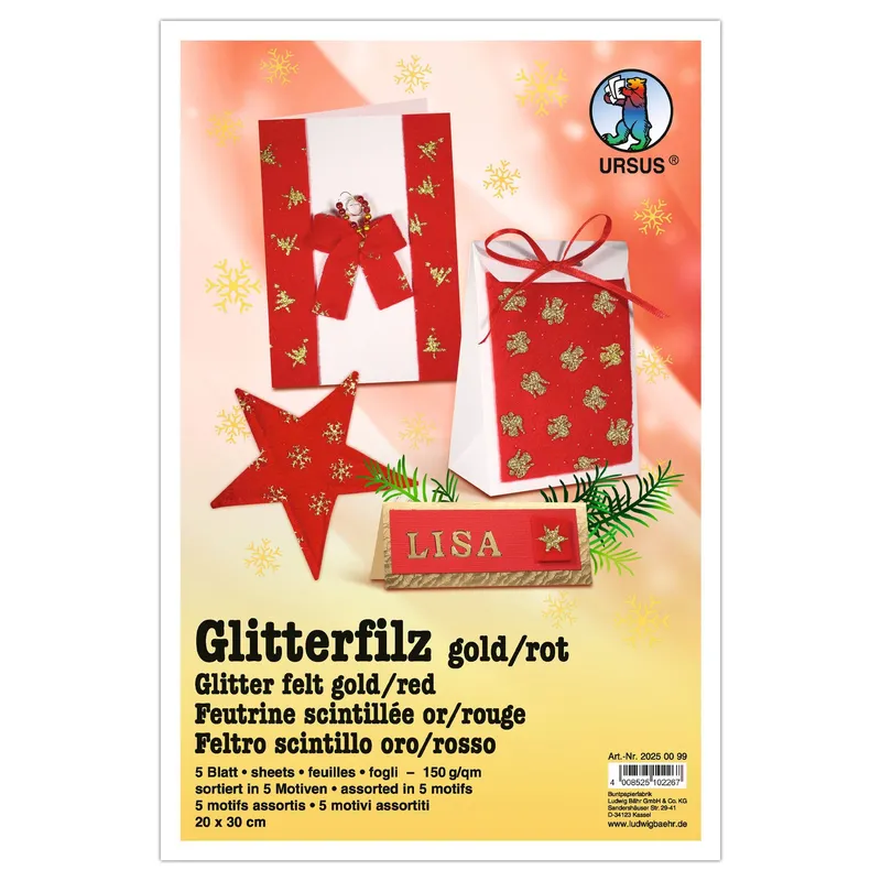 Glitter-Filz "gold" 20 x 30 cm rot - 5 Blatt