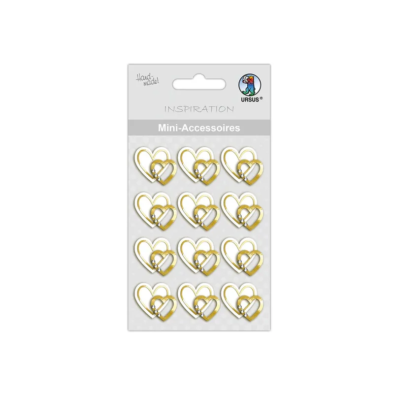 Mini Accessoires, weiß-goldene Herzen mit DREI kleinen Dekosteinchen, 12 Stück