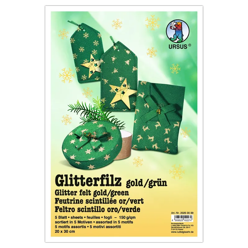 Glitter-Filz "gold" 20 x 30 cm grün - 5 Blatt