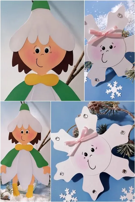 Schneeglöckchen-Kind und Schneeflocken aus Bastelpapier