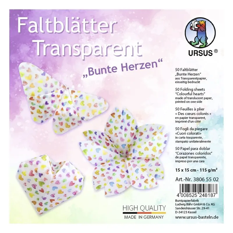 Transparentpapier-Faltblätter "Bunte Herzen" 115 g/m², 15 x 15 cm, 50 Blatt