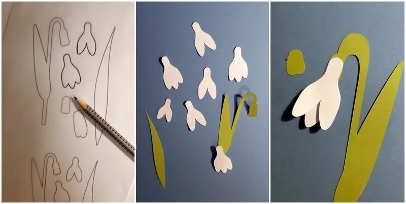 Schneeglöckchen ivom Vorlagebogen bis zur fertigen Blüte.