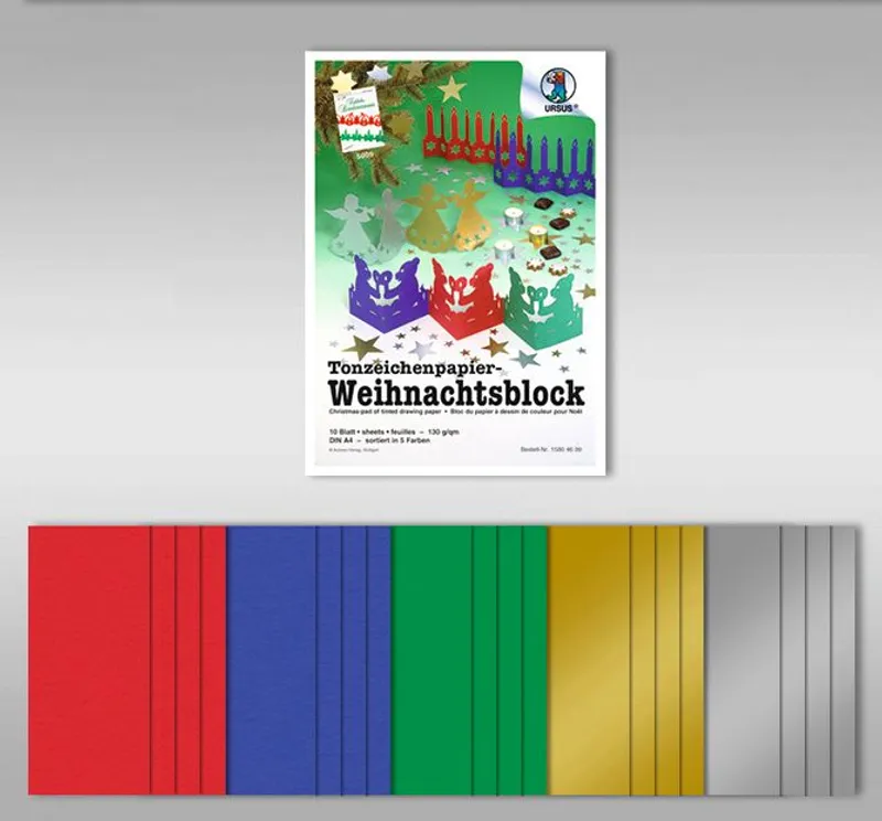 Tonzeichenpapierblock "Weihnachten" 130 g/qm DIN A4 - 20 Blatt in 5 Farben