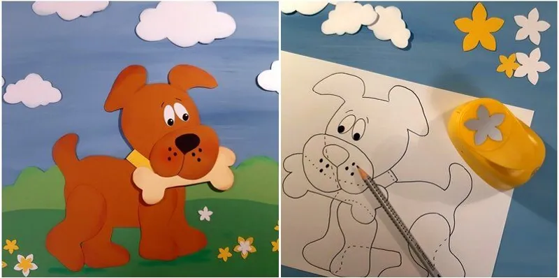 Hund mit Knochen aus Papier und Vorlagebogen