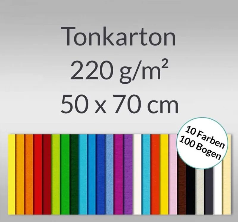 Tonkarton 220 g/qm 50 x 70 cm - 100 Bogen in 10 Farben
