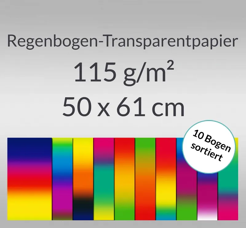 Regenbogen-Transparentpapier 115 g/qm 50 x 61 cm - 10 Bogen sortiert