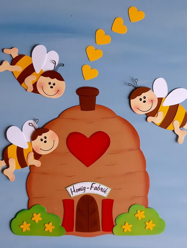 Honig Fabrik aus Papier mit 3 Bienen.