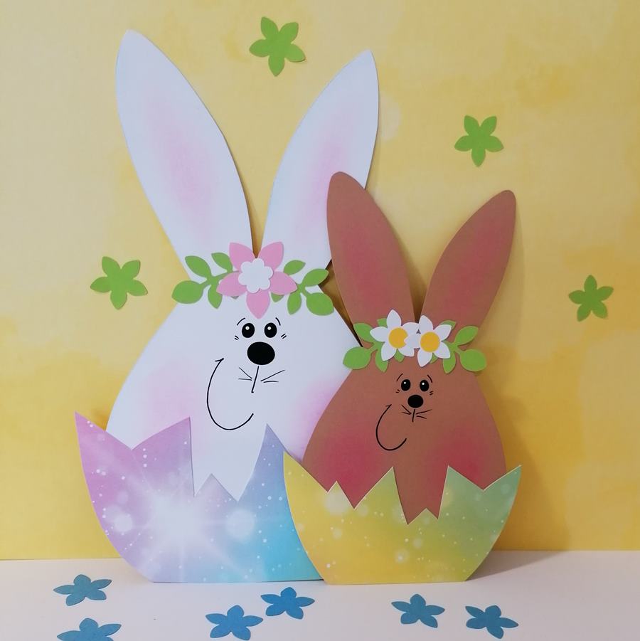 2 Hasen in bunter Eierschale aus Bastelpapier für Ostern