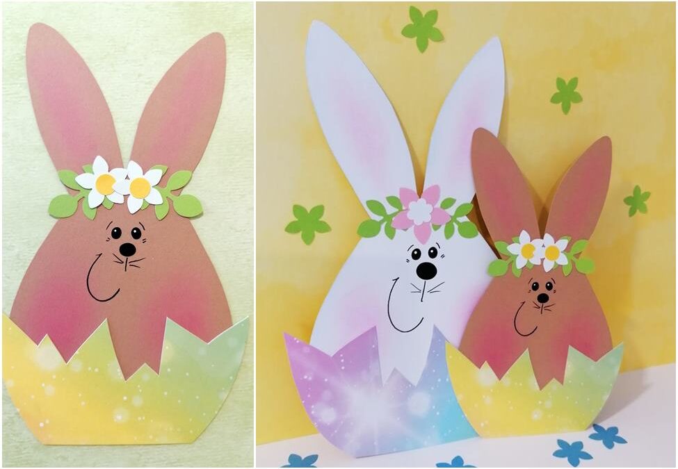 3 Hasen in bunter Eierschale aus Bastelpapier für Ostern