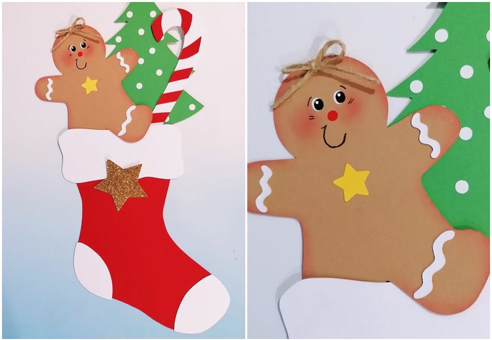 Weihnachtsmann-Socke mit Lebkuchen-Männchen, Tanne und Zuckerstange
