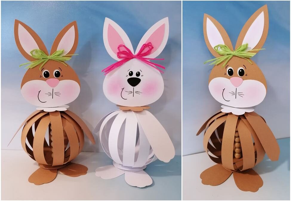 Hasen-Pärchen aus Papierstreifen in Hellbraun und Wei0