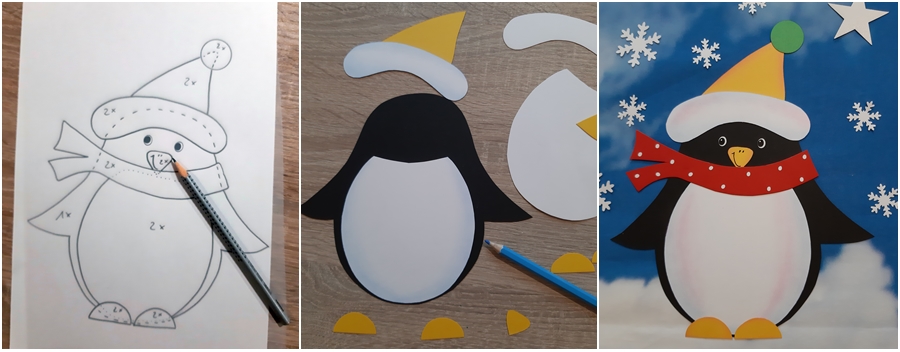 Pinguin aus Papier in 3 Schritten bildlich erklärt.