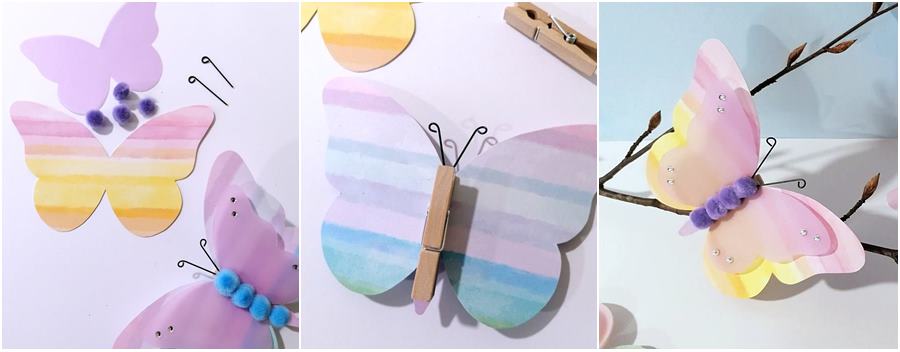 Schmetterlinge in Pastellfarben aus Bastelpapier werden zusammengeklebt