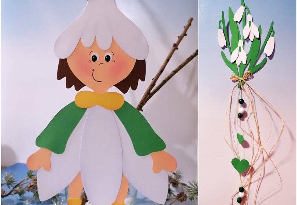 Schneeglöckchen-Kind und Schneeglöckchenkette aus Bastelpapier
