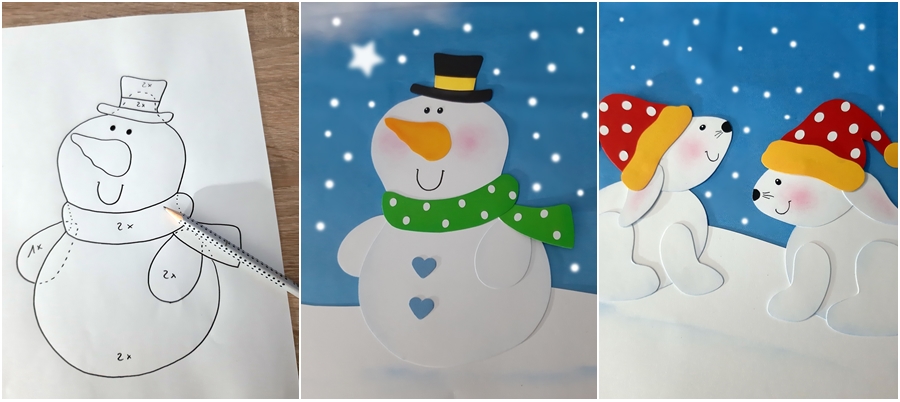 Schneemann und Schneehasen aus Papier