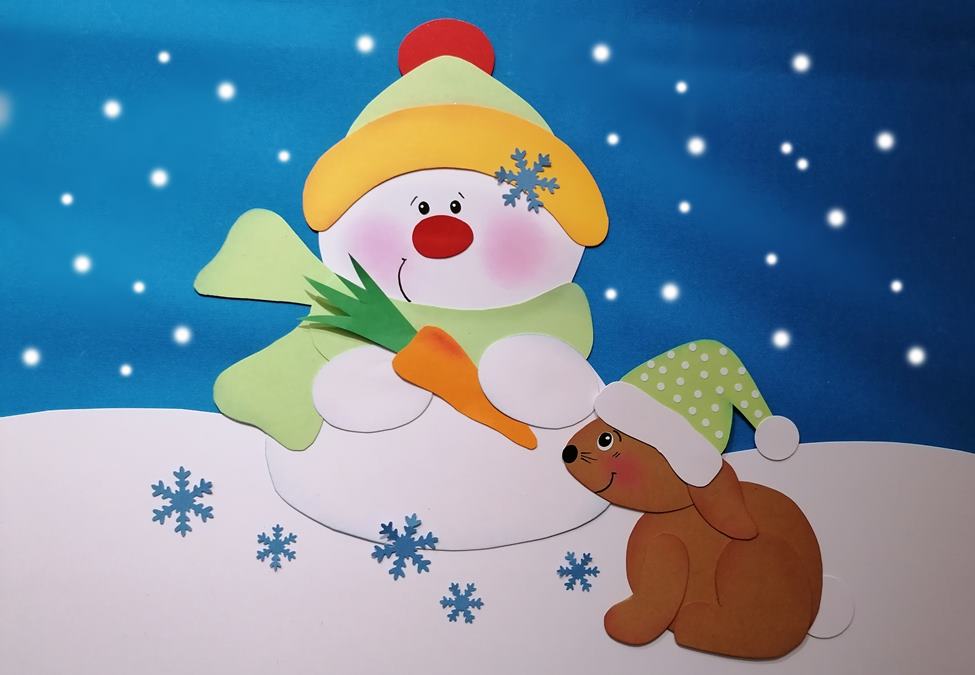 Schneemann mit Hase aus Bastelpapier