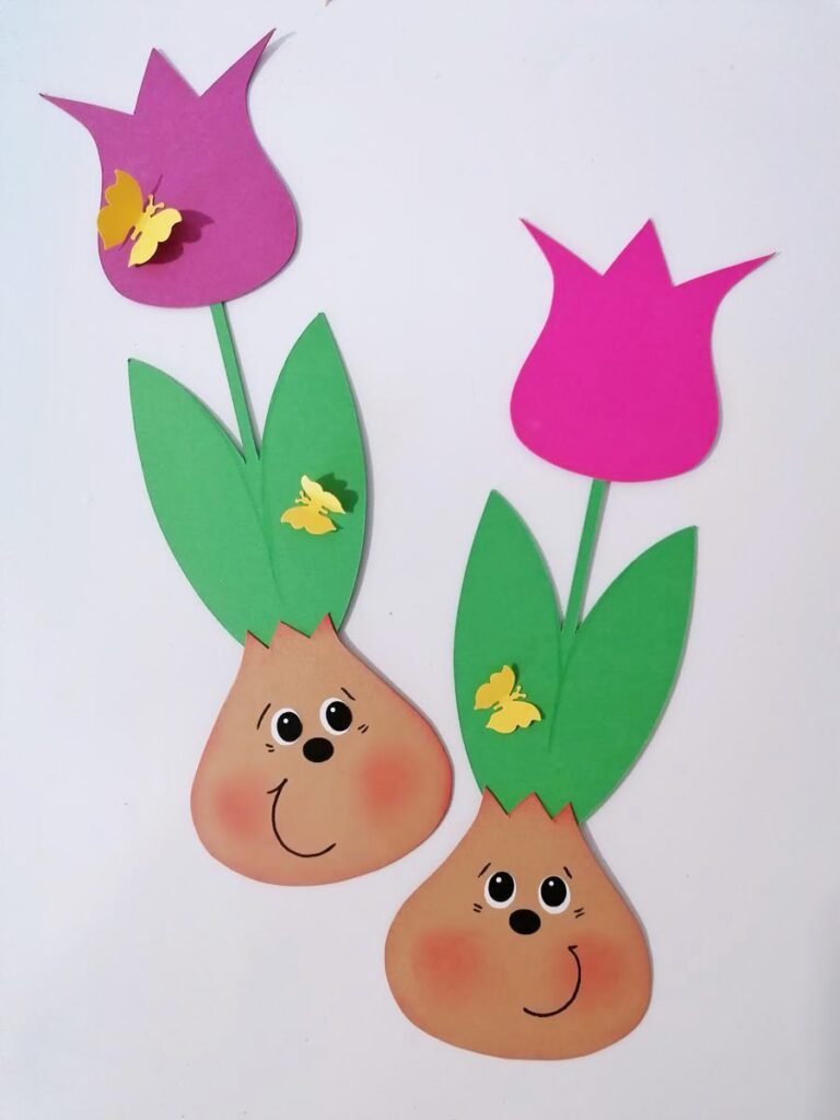 2 Tulpen aus Bastelpapier mit lustigen Gesichtern