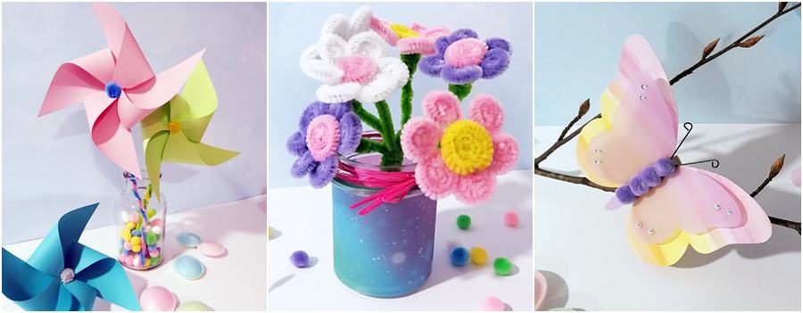 Schmetterlinge, Blumen und Windräder in Pastellfarben aus Bastelmaterial