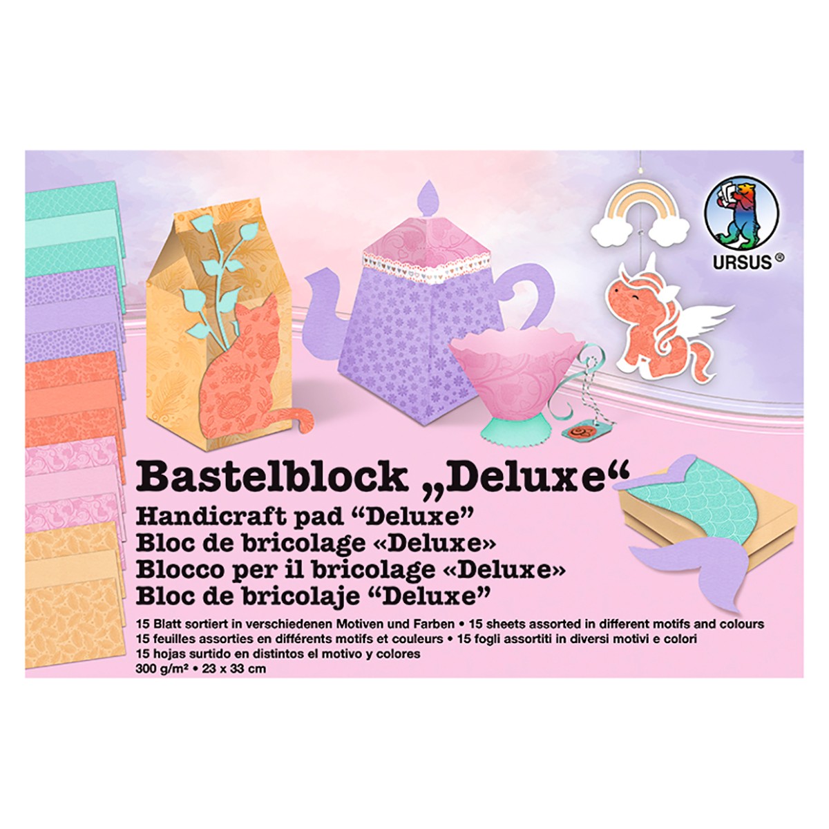 Bastelblock Deluxe 23 x 33 cm, 15 Blatt Sortiert in verschiedenen Motiven und Farben, 300 g/qm