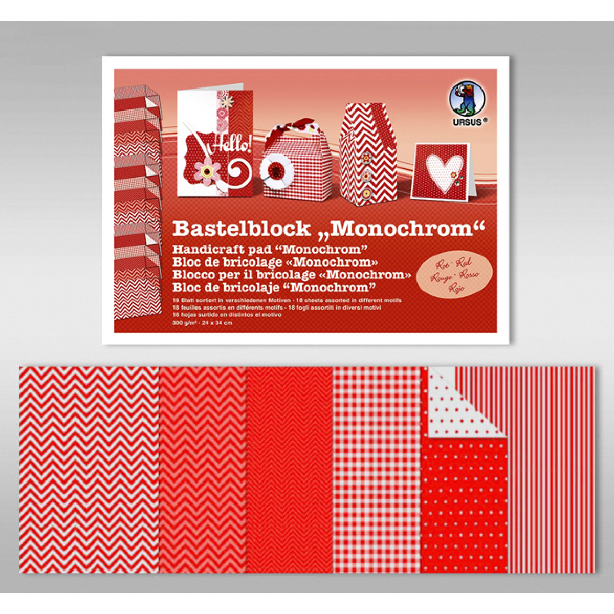 Bastelblock "Monochrom" 24 x 34 cm rot - 18 Blatt