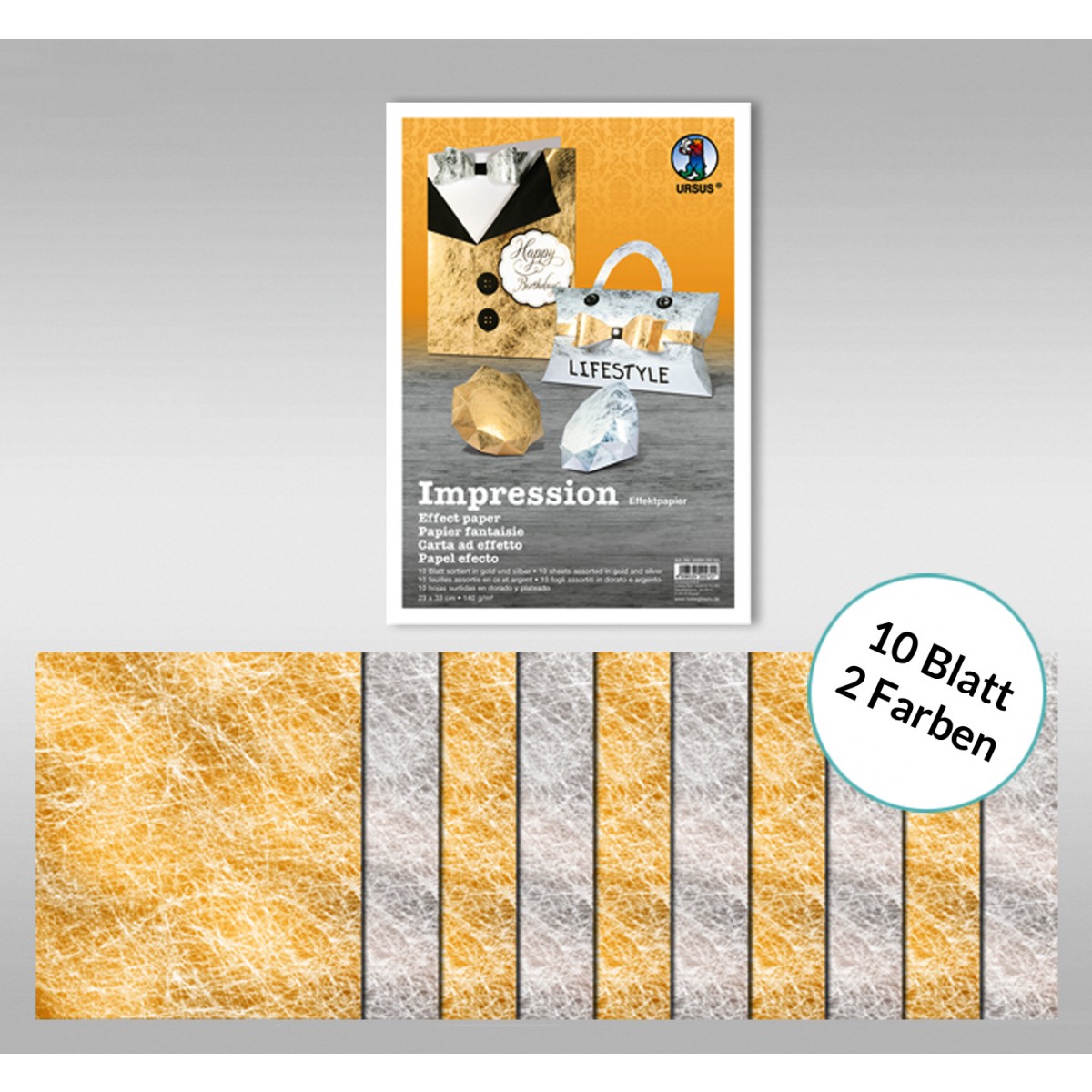 Designpapier "Impression" 23 x 33 cm gold/silber - 10 Blatt sortiert