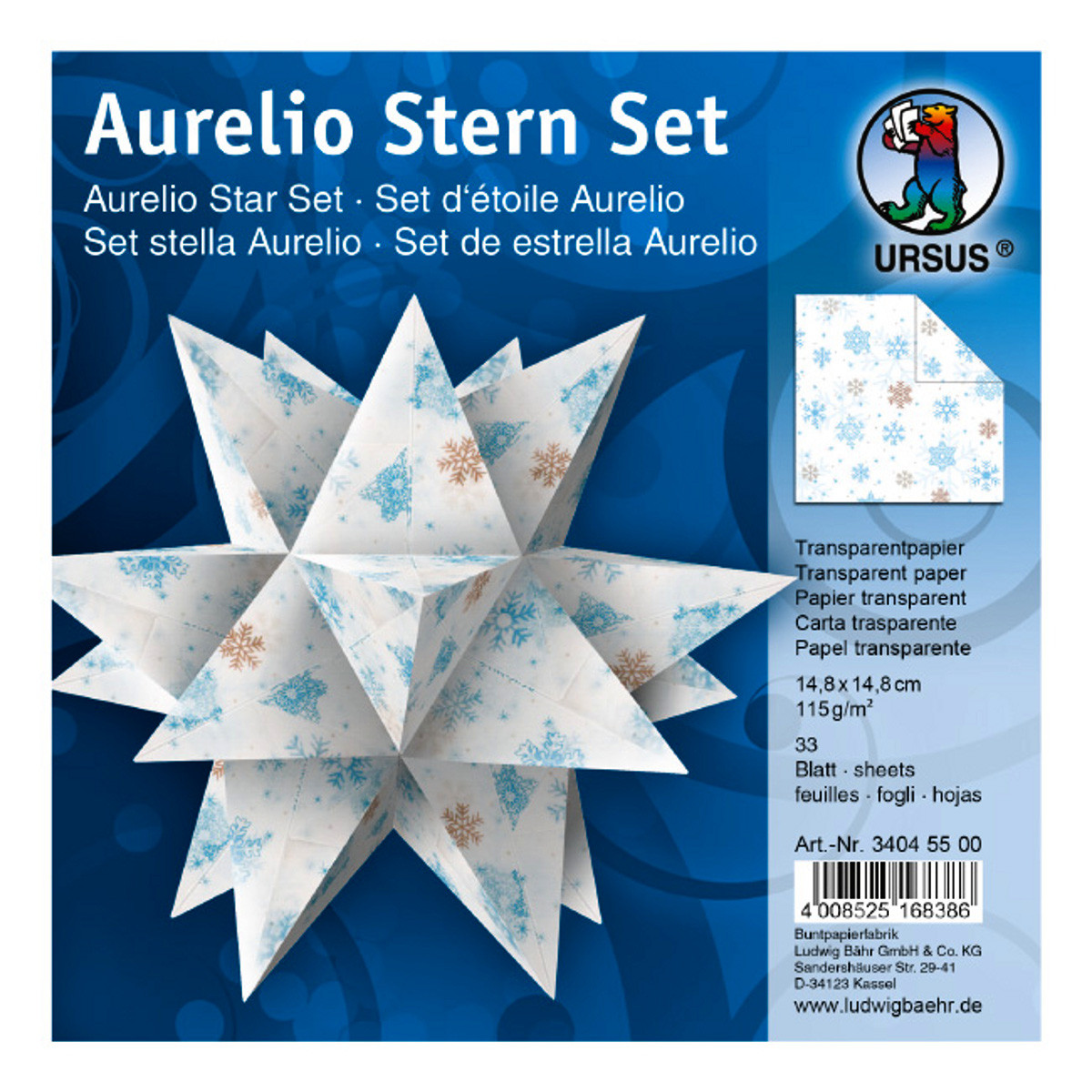 Faltblätter Aurelio-Stern "Classic Christmas" Eisblumen blau/braun 14,8 x 14,8 cm