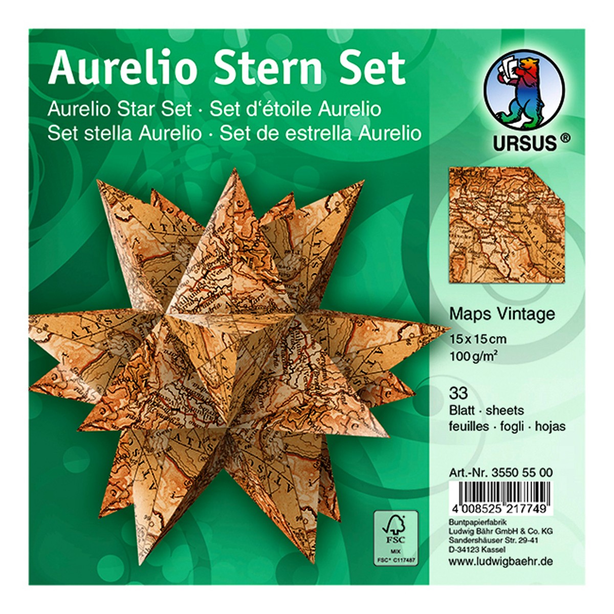 Faltblätter Aurelio-Stern "Maps Vintage" 15 x 15 cm - FSC