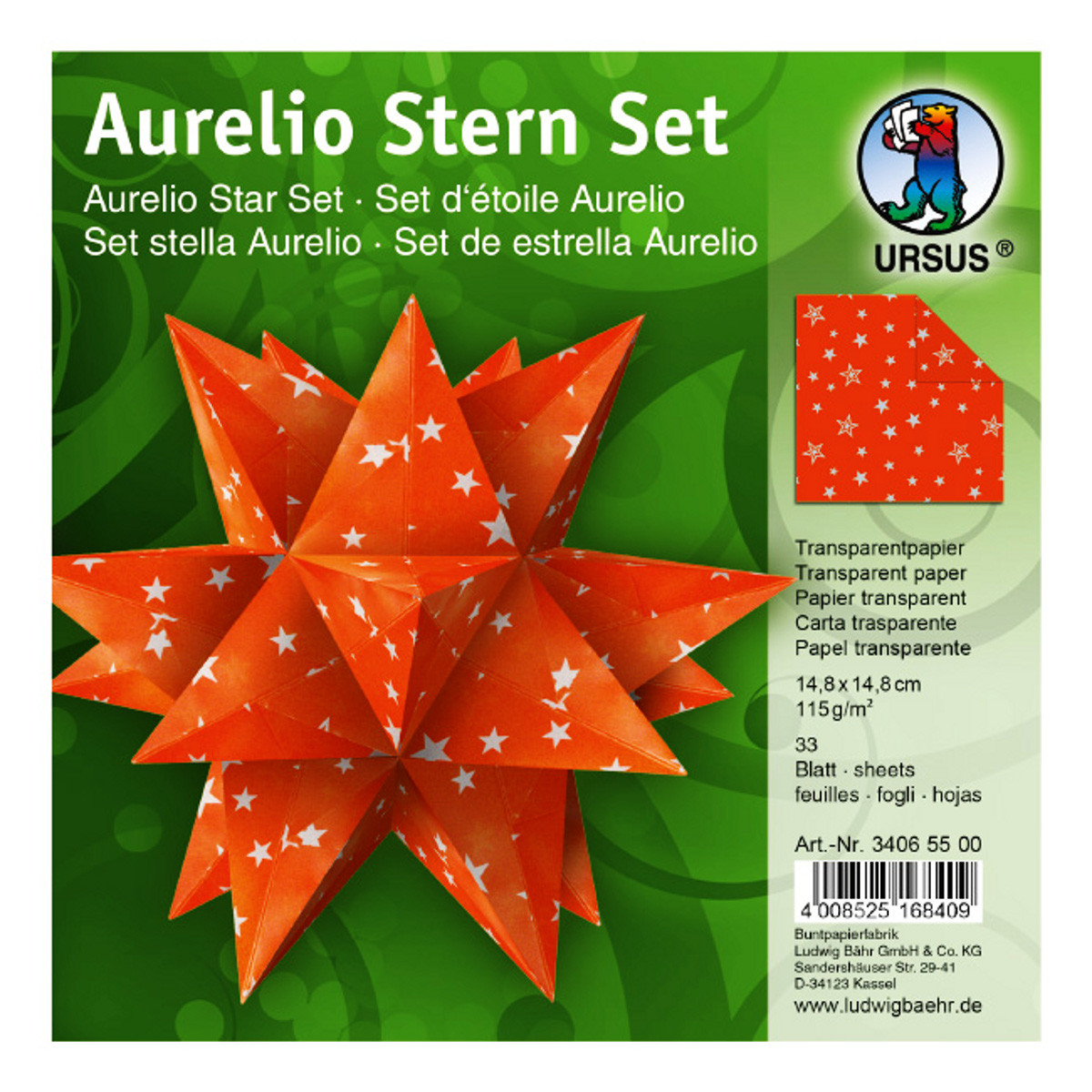 Faltblätter Aurelio-Stern "Silver Stars" orange 14,8 x 14,8 cm