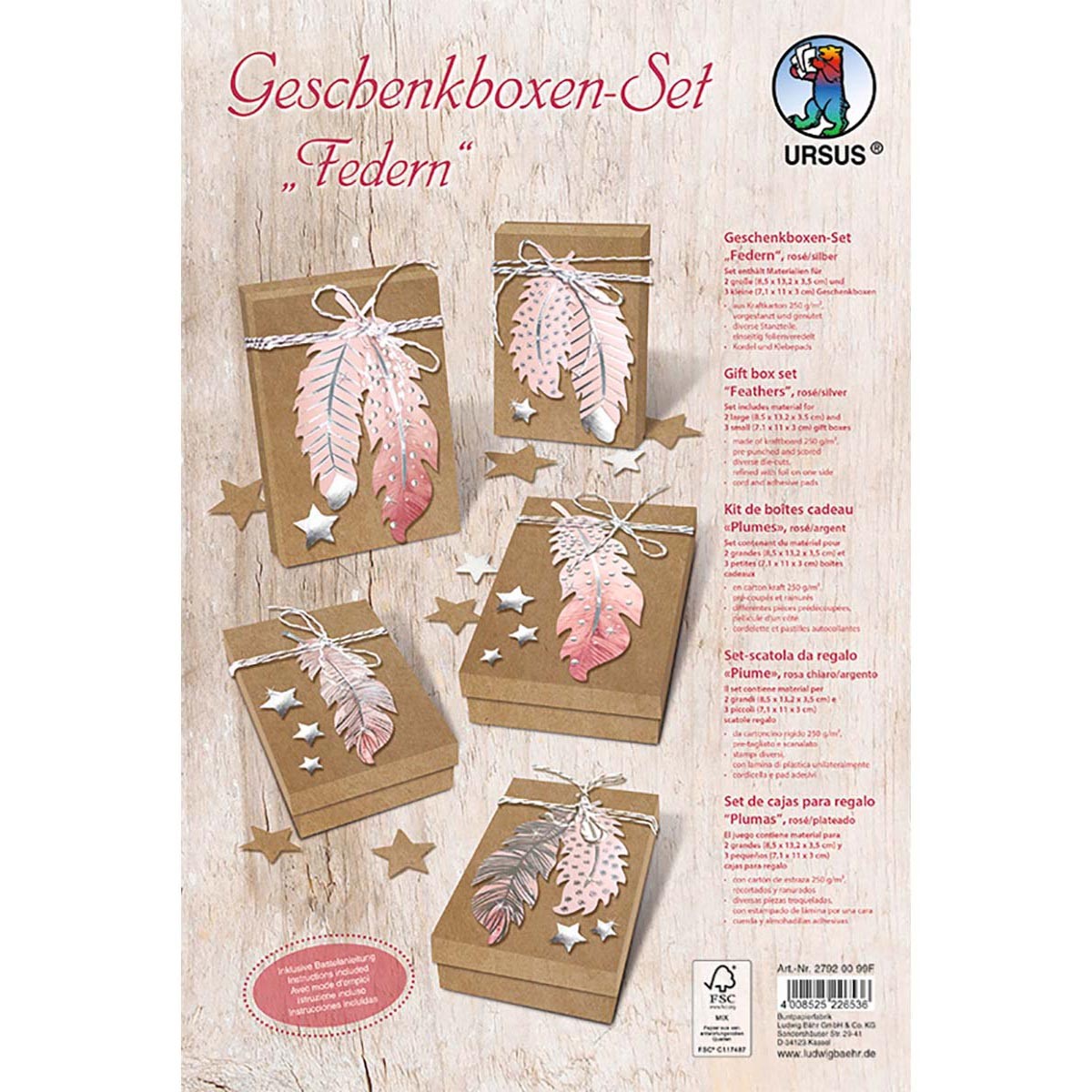 Geschenkboxen-Set "Federn" rosa / silber