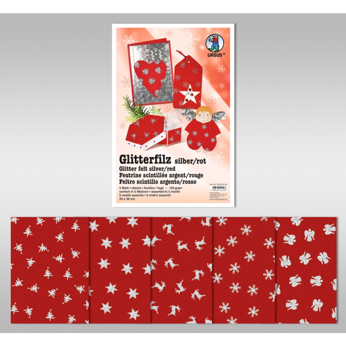 Glitter-Filz "silber" 20 x 30 cm rot - 5 Blatt