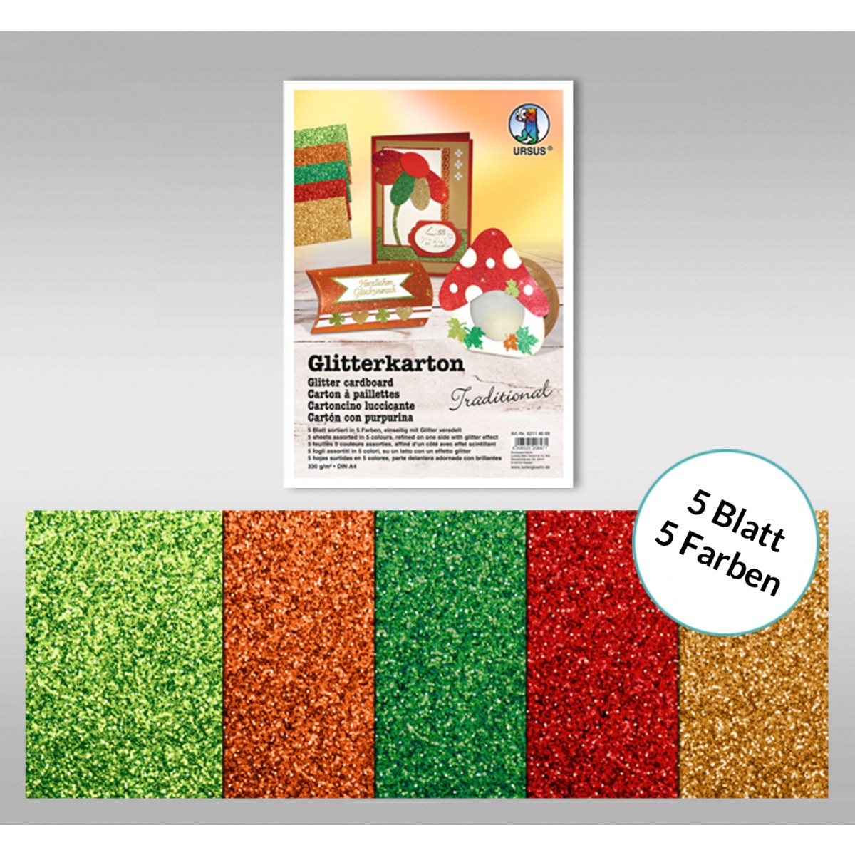 Glitterkarton "Traditional" DIN A4 - 5 Blatt