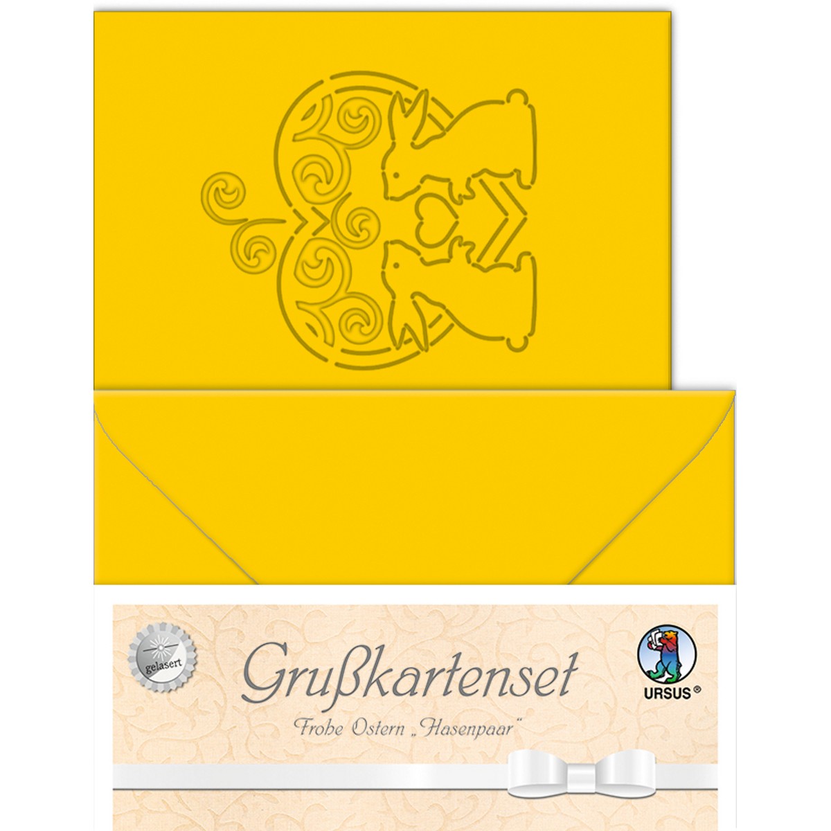Grußkarten "gelasert" Frohe Ostern mit Hasenpaar sonnengelb - 5 Karten