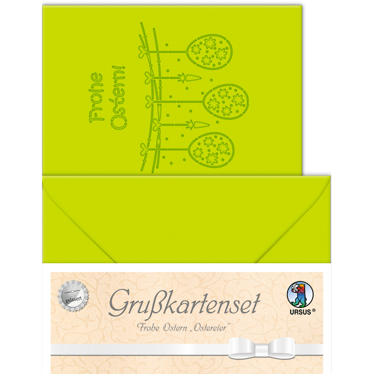 Grußkarten "gelasert" Frohe Ostern mit Ostereiern hellgrün - 5 Karten