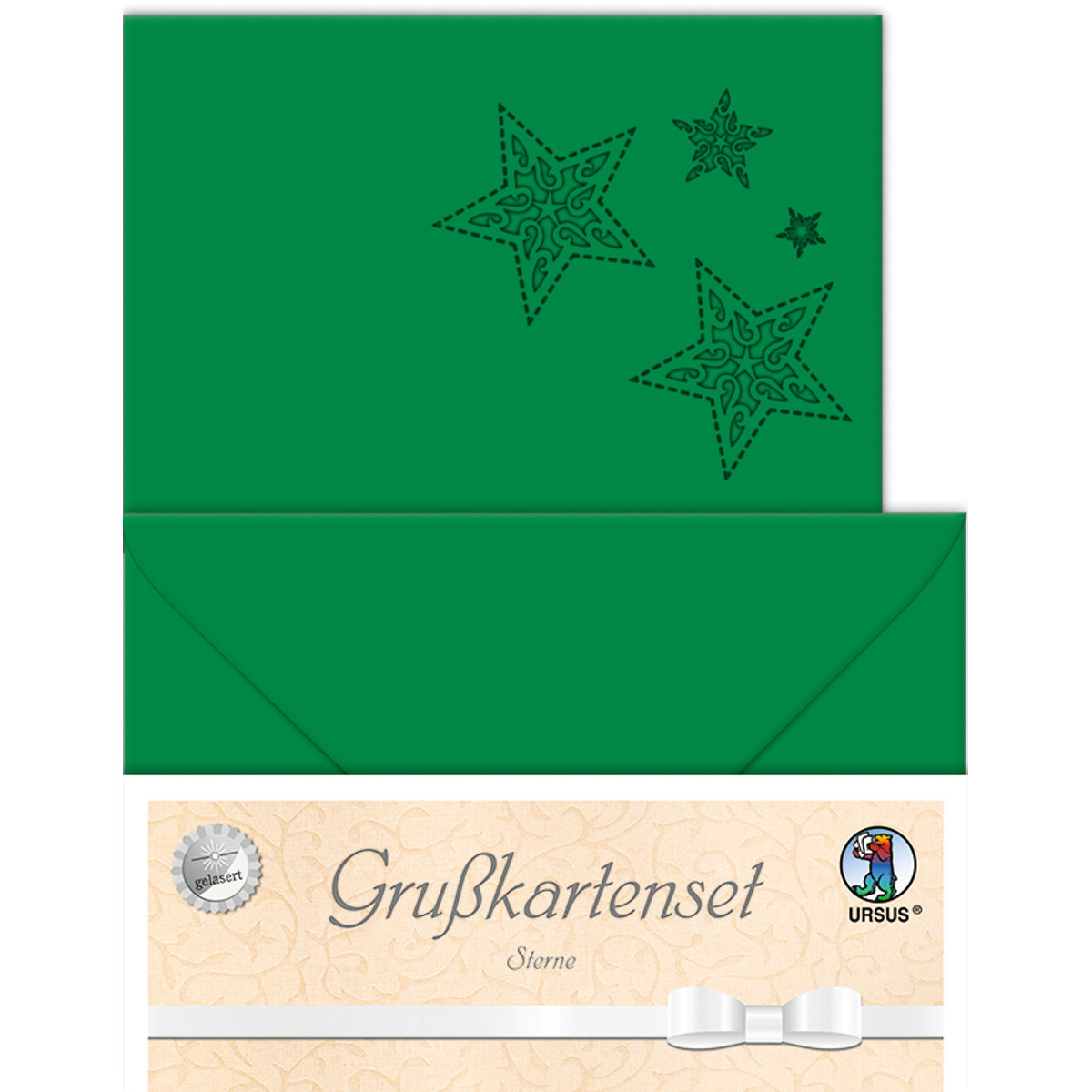 Grußkarten "gelasert" Sternen tannengrün - 5 Karten
