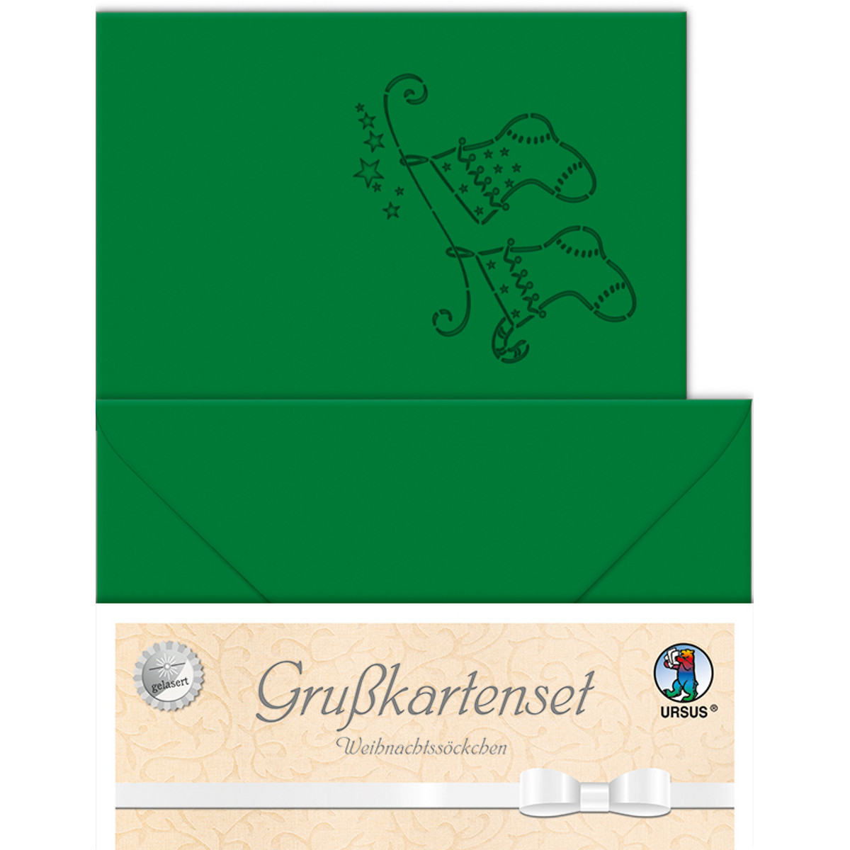 Grußkarten "gelasert" Weihnachtssöckchen tannengrün - 5 Karten