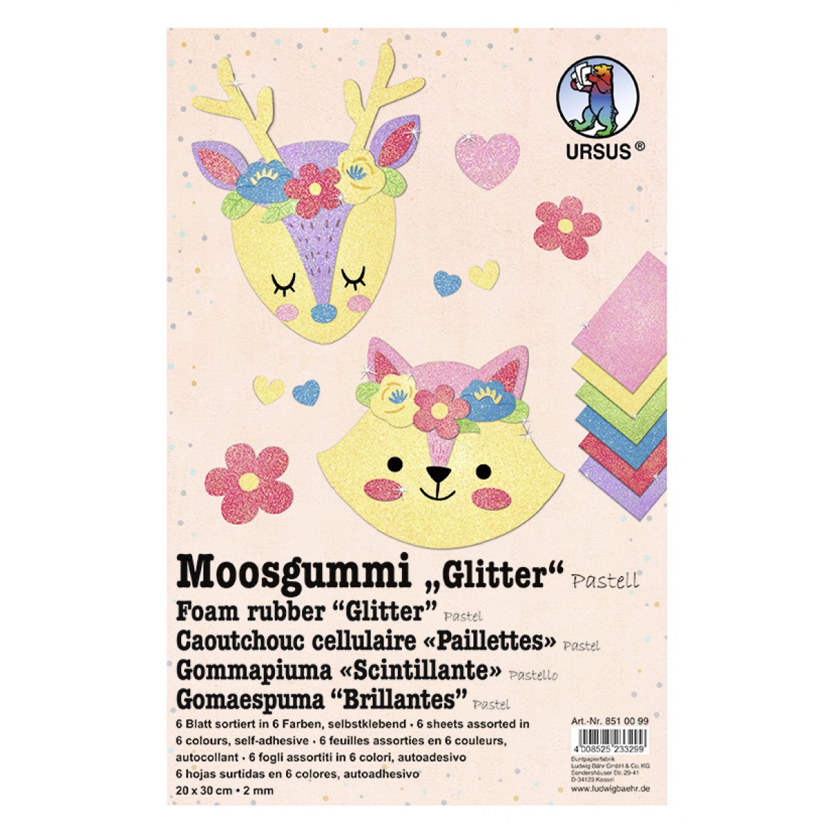 Moosgummi 2 mm 20 x 30 cm "Pastell" - 10 Blatt