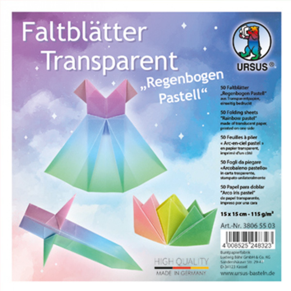 Transparentpapier-Faltblätter "Regenbogen Pastell" 115 g/m², 15 x 15 cm, 50 Blatt