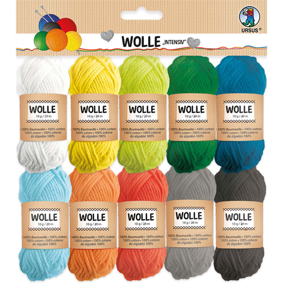 Wolle intensiv, aus 100% Baumwolle, Knäuel á 10 g / 29 m, in 10 Farben