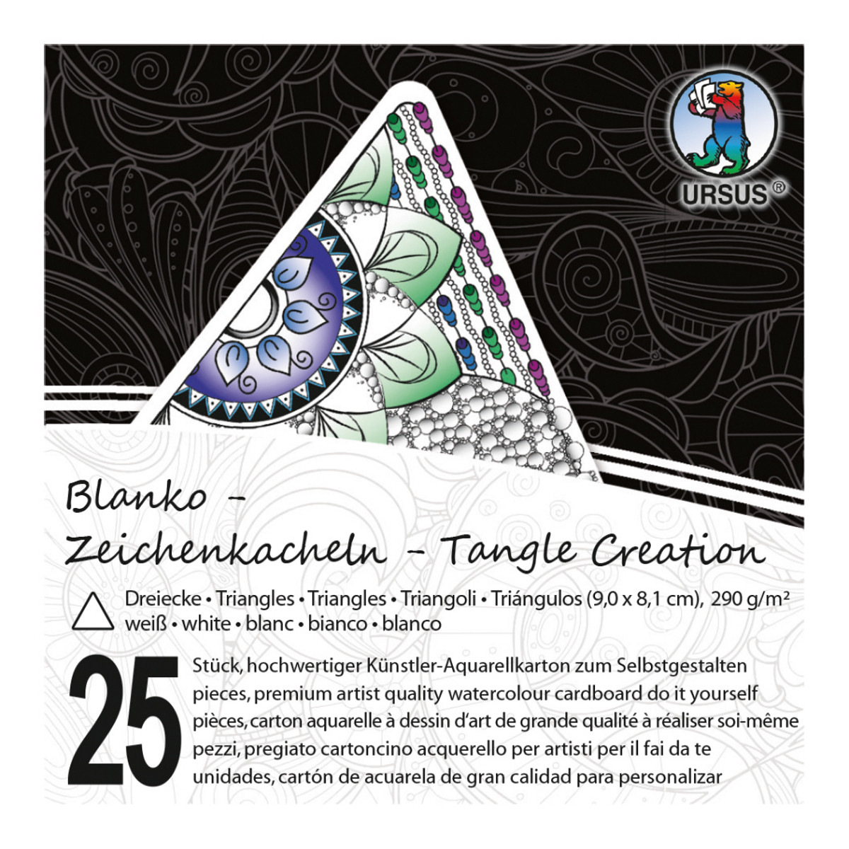 Zeichenkacheln "Tangle Creation" Dreieck 9 x 9 cm hochweiß - 25 Kacheln mit Box