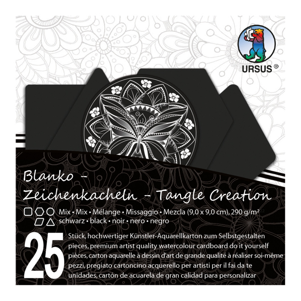 Zeichenkacheln "Tangle Creation" Mixed 9 x 9 cm schwarz - 25 Kacheln mit Box