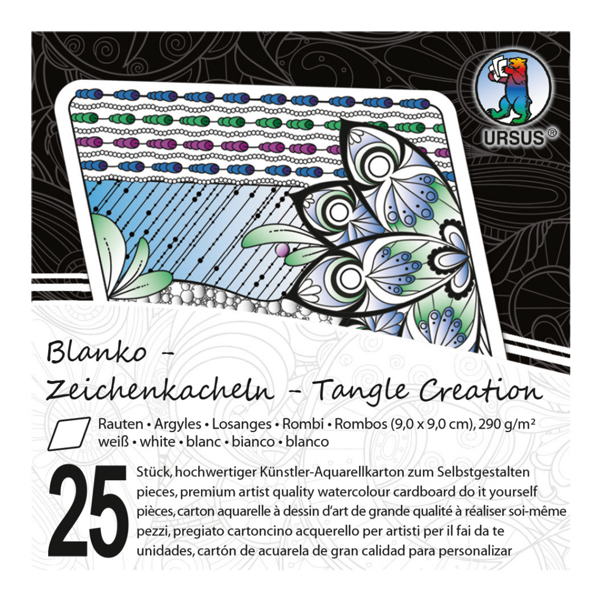 Zeichenkacheln "Tangle Creation" Raute 9 x 9 cm hochweiß - 25 Kacheln mit Box